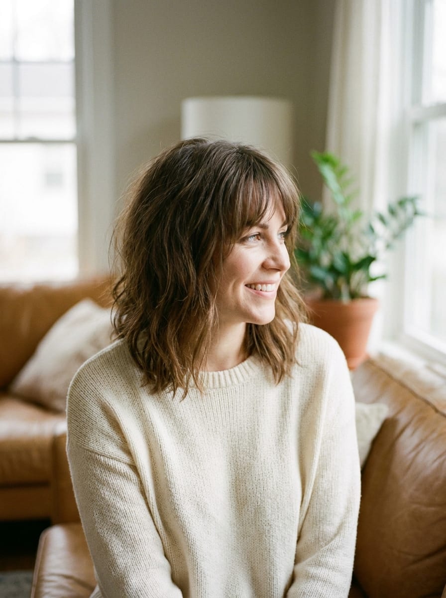 Moderner Alltags-Look mit mittellangem Haar und Pony - mittellange Frisur mit Pony
